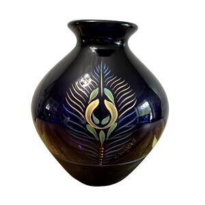 Vintage Fenton Glass Purple Vase Painted Peacock Feather K. Brightbill 7.75"